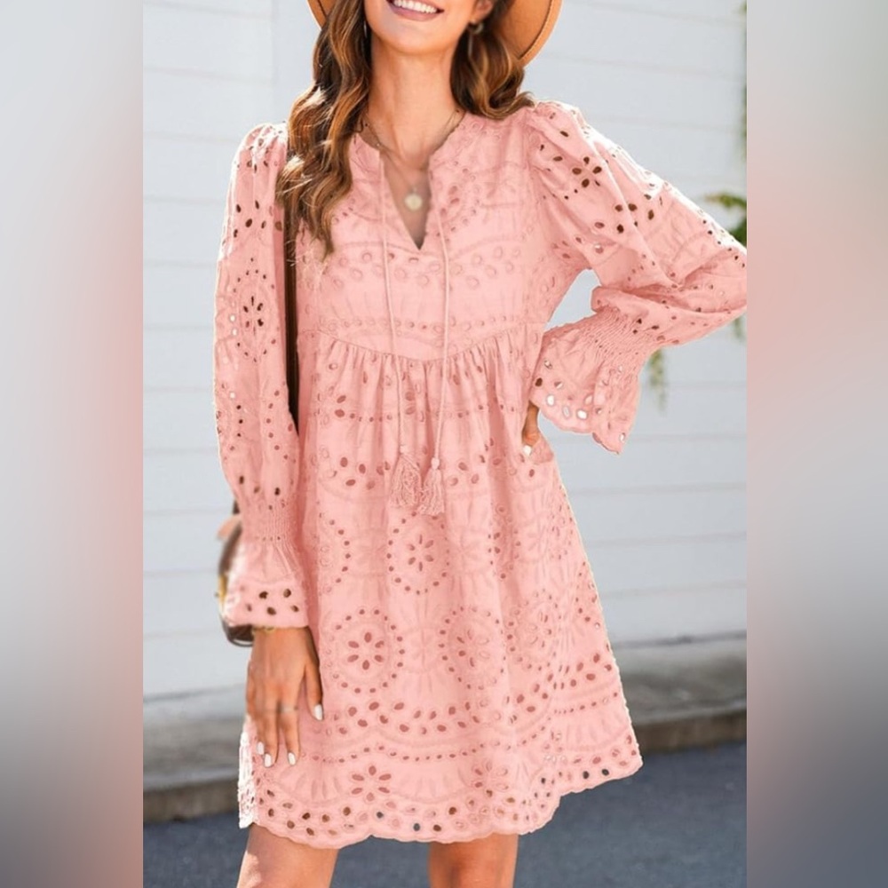 Ruffle Eyelet LS Women’s Dress A-Line Hollow Out Lace Mauve/Pink